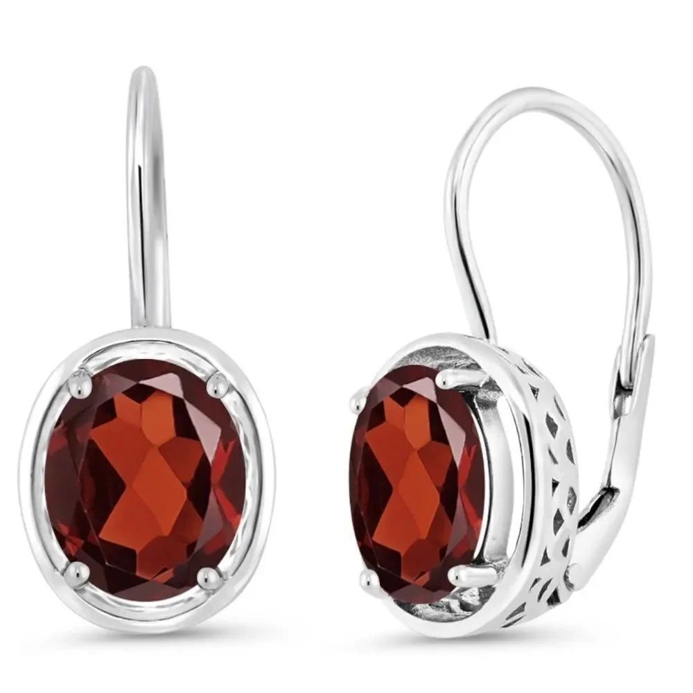 925 Sterling Silver with 3.60 Cttw Garnet Oval Leverback Drop Earrings